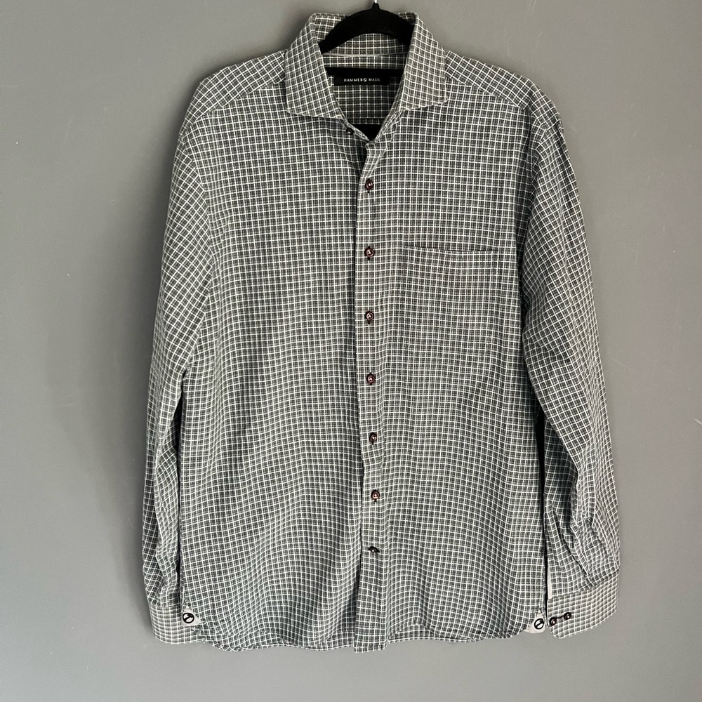 Hammer Made Mens Shirt Size 41/16 Long Sleeve Tan Blue Gingham Check Plaid